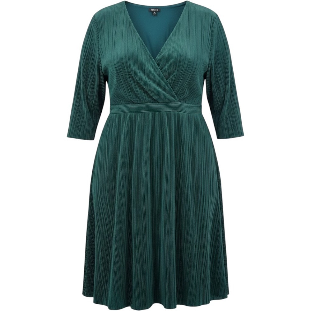 Torrid Size 3X Emerald Green Pleated Midi Dress Plus  V Neck 3/4 Sleeve Office